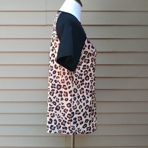 Animal Print Raglan Short Sleeve Top Cream Black Cheetah Blouse - Picture 8 of 9